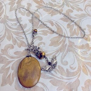 Tigers Eye Charm Necklace Butterfly Aurora Borealis Crystal 16” Gorgeous